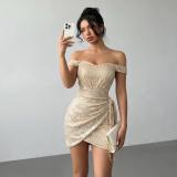 Women's Chic Off-Shoulder Sequin Solid Color Bodycon Evening Mini Dress