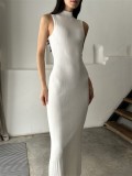 Spring Summer Women's Solid Color Turtleneck Sleeveless Slim Waist Bodycon Long Dress