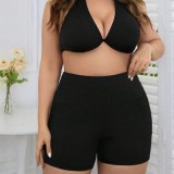 Plus Size Women's Solid Color High-Waist Square Leg Swim Shorts