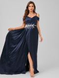 Women's Rhinestone Waist Trim Slit Strap Evening Gown