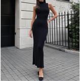 Spring Summer Women's Solid Color Turtleneck Sleeveless Slim Waist Bodycon Long Dress