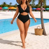 Plus Size Women's Ruffle Edge Waist Cutout One-Piece Swimsuit