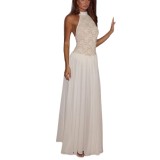 Women's Fashion Lace Patchwork Halter Neck Chiffon Slim Waist Maxi Dress