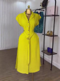 Women's Solid Color Turndown Collar Belted Button-Front Shirt Midi Dress