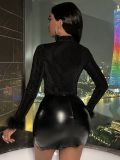 Women's Knitted Turtleneck Velvet Crop Top with Fuzzy Sleeves