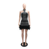 Women's Formal Party Strapless Beaded Feather Bodycon Evening Gown with Scarf Collar