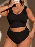 Plus Size Women's High-Waist Solid Color Tankini Two-Piece Swimsuit