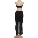 Women's Pearl Embellished Bandeau Top and Low-Waist Bodycon Maxi Skirt Set