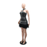 Women's Formal Party Strapless Beaded Feather Bodycon Evening Gown with Scarf Collar