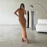 Spring Summer Women's Solid Color Turtleneck Sleeveless Slim Waist Bodycon Long Dress