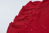 Women's Red Sequin Strap Ruffle Bodycon Party Mini Dress