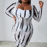Plus Size Women's Strapless Bikini Three-Piece Set with Long Sleeve Cover-Up