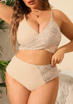 Plus Size Women's Leopard Patchwork Crisscross High-Waist Two-Piece Bikini Swimsuit