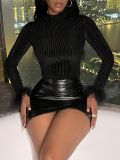 Women's Knitted Turtleneck Velvet Crop Top with Fuzzy Sleeves