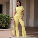 Summer Women's Round Neck One-Shoulder Ruched Ribbon  Jumpsuit
