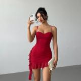 Women's Red Sequin Strap Ruffle Bodycon Party Mini Dress