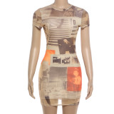 Spring Women's Printed Short Sleeve Bodycon Mini Dress