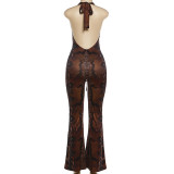Spring Women's Deep V-Neck Lace-Up Low Back Halter Flared Leg Jumpsuit