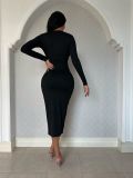 Spring Fall Women's V-Neck Slim Waist Bodycon Solid Color Dress