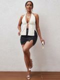 Summer Women's Halter Neck Lace-Up Low Back Sleeveless Corduroy Crop Tank Top