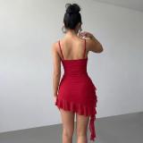 Women's Red Sequin Strap Ruffle Bodycon Party Mini Dress