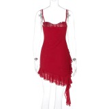 Women's Red Sequin Strap Ruffle Bodycon Party Mini Dress