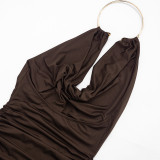 Summer Women's Solid Color Sleeveless Metal Ring Halter Cowl Neck Bodycon Dress