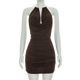 Summer Women's Solid Color Sleeveless Metal Ring Halter Cowl Neck Bodycon Dress