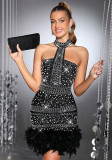 Women's Formal Party Strapless Beaded Feather Bodycon Evening Gown with Scarf Collar