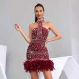 Women's Formal Party Strapless Beaded Feather Bodycon Evening Gown with Scarf Collar