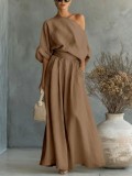 Spring Summer Women's Elegant Slim Waist Slash Shoulder Top and Pants Two-Piece Set