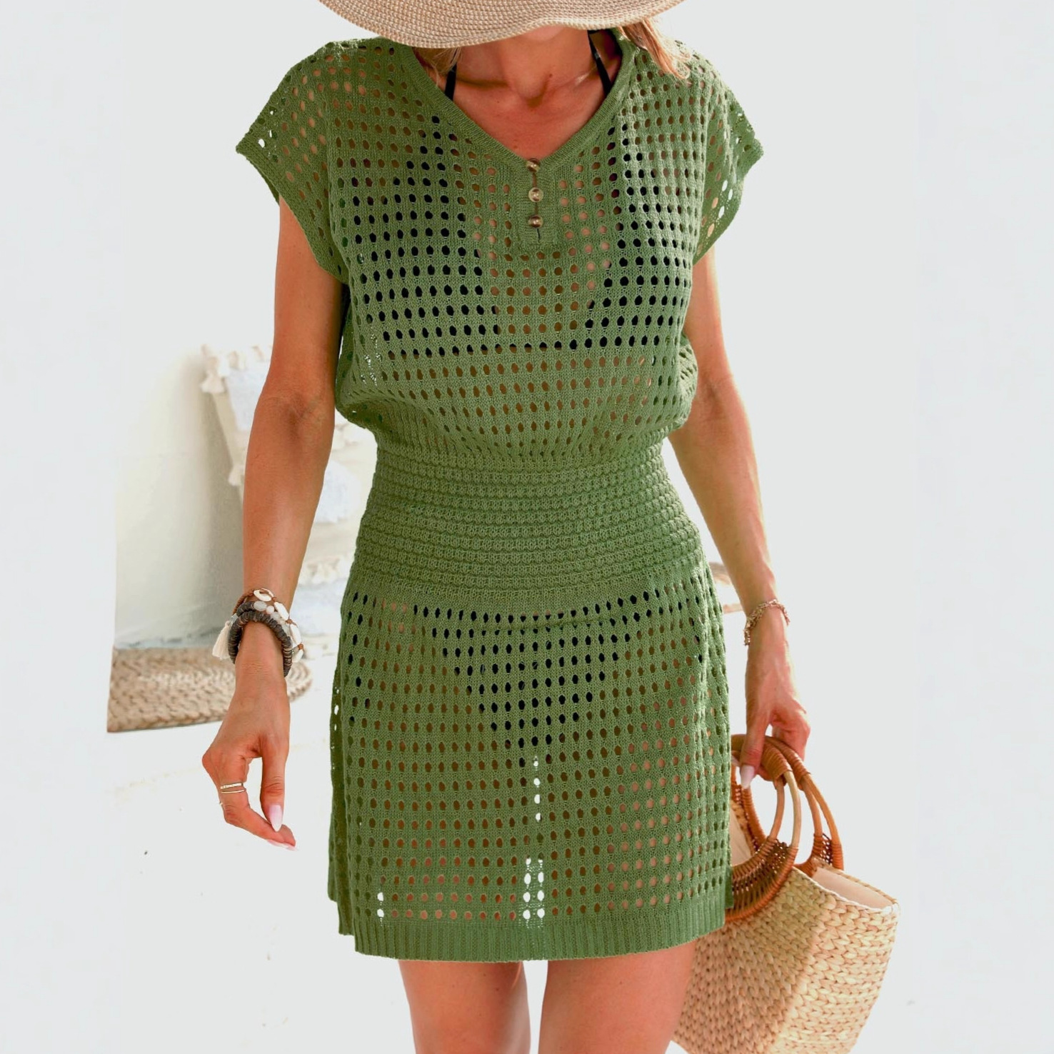 Knitted Crochet Hollow-Out Cover-Up Dress for Beach Holidays