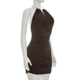 Summer Women's Solid Color Sleeveless Metal Ring Halter Cowl Neck Bodycon Dress