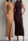 Spring Summer Women's Solid Color Turtleneck Sleeveless Slim Waist Bodycon Long Dress