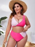 Plus Size Women's V-Neck Colorblock High-Waist Two-Piece Bikini Swimsuit