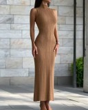 Spring Summer Women's Solid Color Turtleneck Sleeveless Slim Waist Bodycon Long Dress