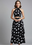 Women's Polka Dot Halter Neck Low Back Crop Top and Slim Waist Cascading Ruffle Long Skirt Set