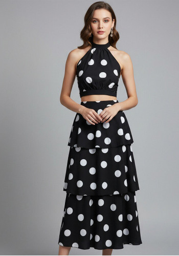 Women's Polka Dot Halter Neck Low Back Crop Top and Slim Waist Cascading Ruffle Long Skirt Set