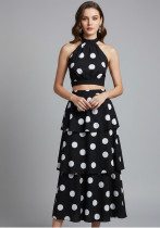 Women's Polka Dot Halter Neck Low Back Crop Top and Slim Waist Cascading Ruffle Long Skirt Set Women's Polka Dot Halter Neck Low Back Crop Top and Slim Waist Cascading Ruffle Long Skirt Set