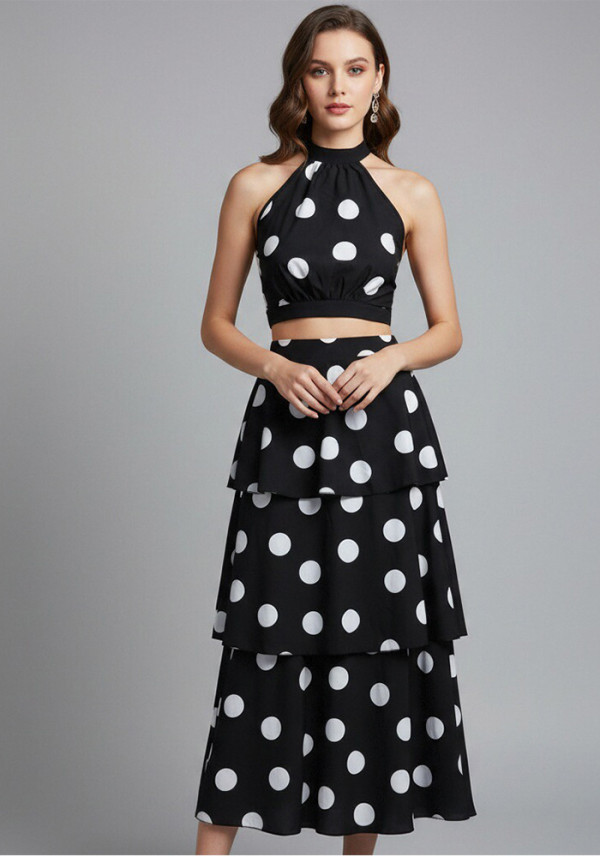 Women's Polka Dot Halter Neck Low Back Crop Top and Slim Waist Cascading Ruffle Long Skirt Set