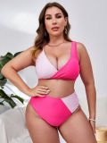 Plus Size Women's V-Neck Colorblock High-Waist Two-Piece Bikini Swimsuit