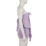 Women's Fashion Strapless Low Back Lace-Up Feather Patchwork Bodycon Dress
