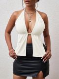 Summer Women's Halter Neck Lace-Up Low Back Sleeveless Corduroy Crop Tank Top