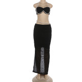 Women's Pearl Embellished Bandeau Top and Low-Waist Bodycon Maxi Skirt Set