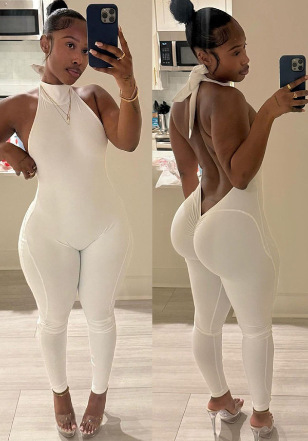 Spring Women's Halter Neck Low Back Tight-Fitting Jumpsuit