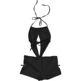 Spring Women's Cutout Low Back Lace-Up Halter Neck Bodycon Shorts Jumpsuit