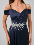 Women's Rhinestone Waist Trim Slit Strap Evening Gown