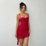 Women's Red Sequin Strap Ruffle Bodycon Party Mini Dress