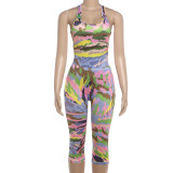 Summer Women's Colorblock Bodycon Bodysuit and Cropped Pants Set