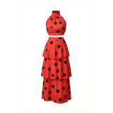 Women's Polka Dot Halter Neck Low Back Crop Top and Slim Waist Cascading Ruffle Long Skirt Set